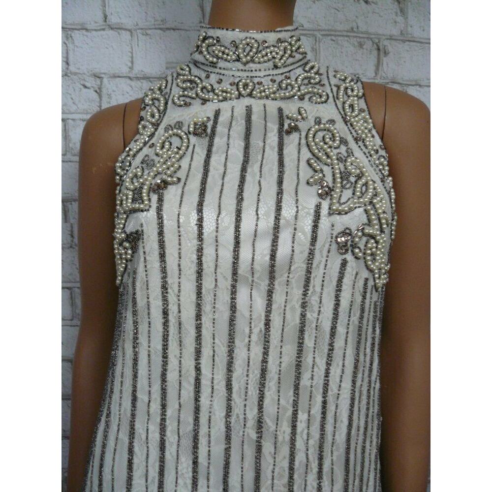 $368 X by NBD Ivory Grey Lace Beaded Pearl Rita Shift Dress XXS NWT - Picture 4 of 9